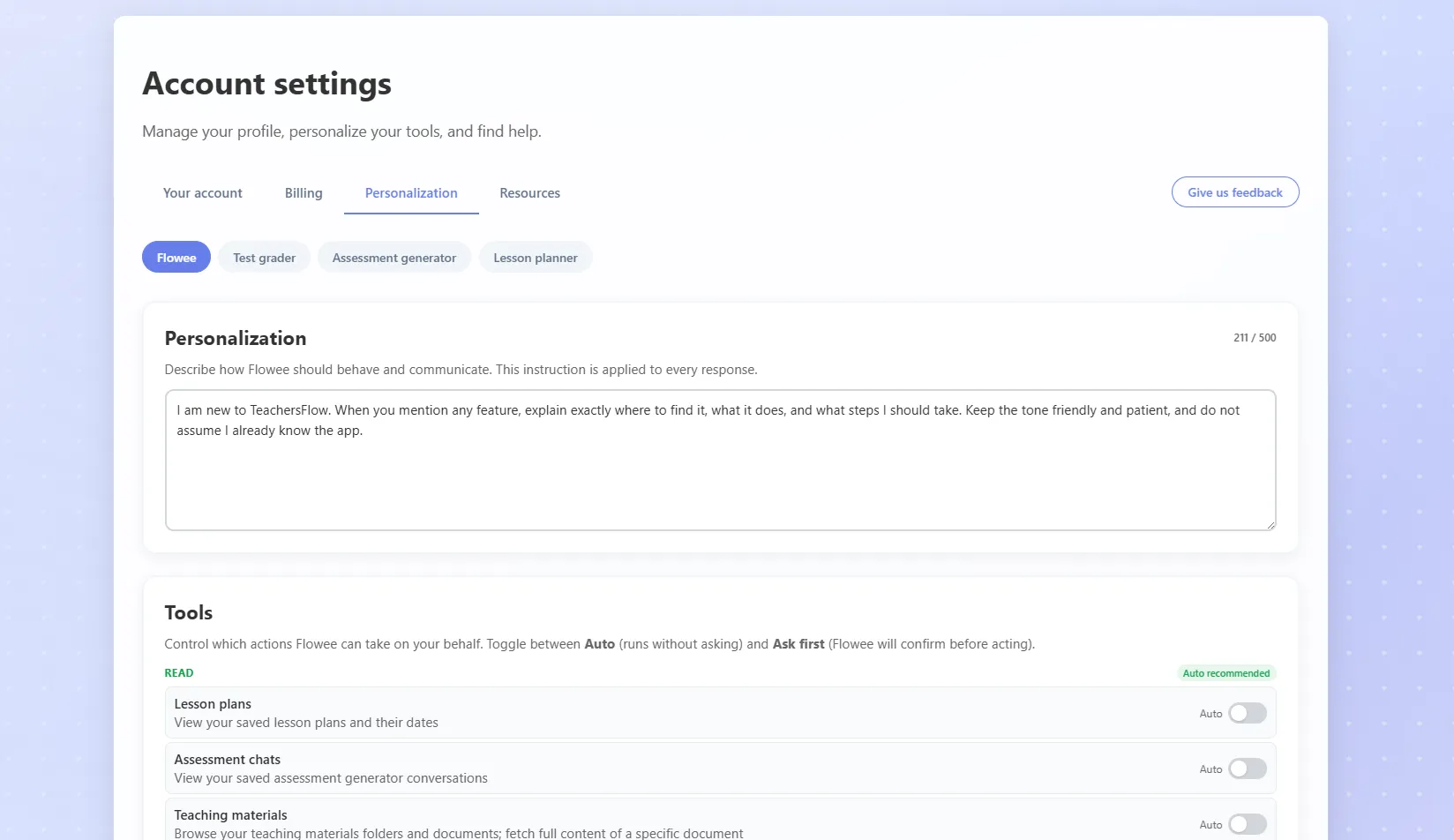 Personalization settings