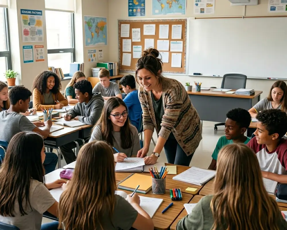 Teacher helping students in class
